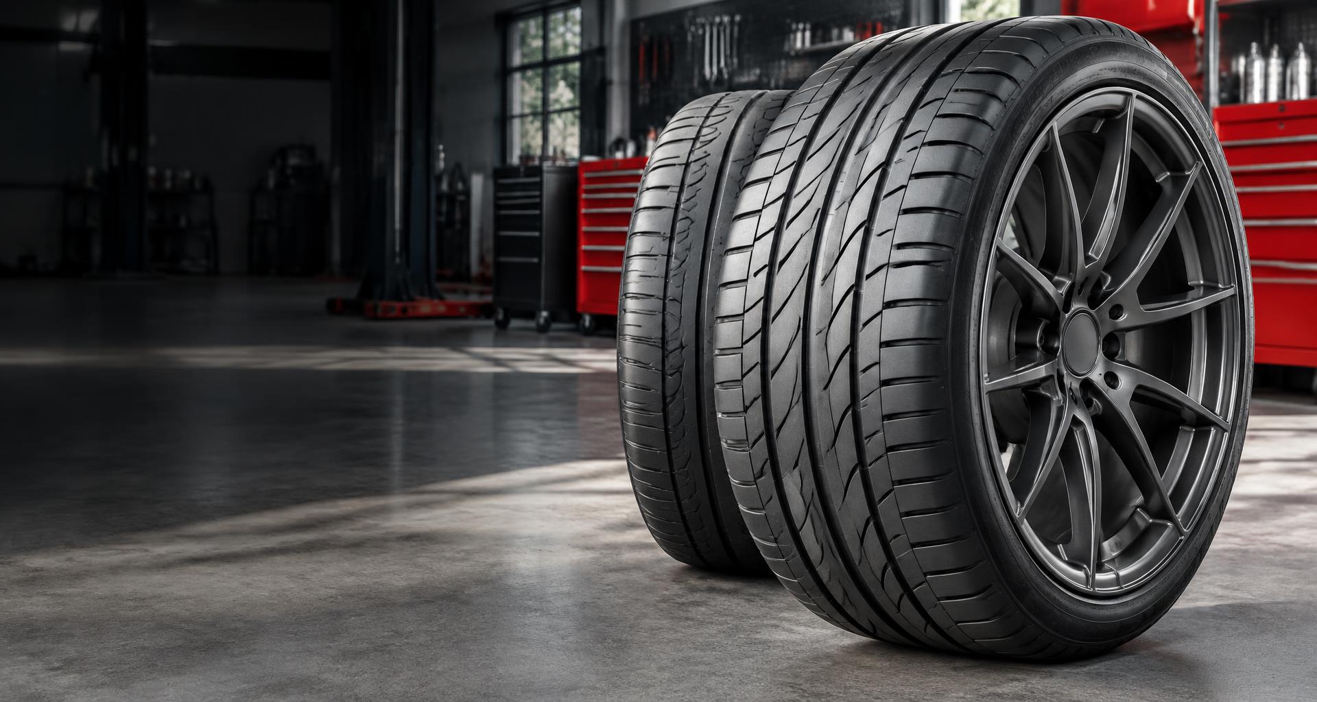 New tires and an alloy wheel in an automotive workshop